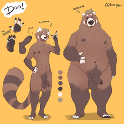 anthro balls biped brown_body brown_fur brown_hair brown_nipples feet foreskin fur fur_markings genitals hair humanoid_genitalia humanoid_penis looking_at_viewer male male_anthro markings nipples overweight overweight_male penis simple_background solo standing text white_body white_fur yellow_background minedoo minedoo_(character) ailurid bear mammal red_panda 1:1 2022 absurd_res english_text hi_res model_sheet