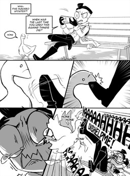 ambiguous_gender beak bite black_hair bodily_fluids boots clothed clothing dialogue duo feral footwear hair male screaming shoes speech_bubble tears teeth text inimoose invader_zim nickelodeon zim_(invader_zim) alien alien_humanoid anatid anseriform anserine avian bird goose humanoid irken comic digital_media_(artwork) english_text hi_res monochrome