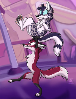 building carrying_another determined duo female feral frown fur husband_and_wife male markings married_couple oh_shit pawpads pink_pawpads spots spotted_body spotted_fur walking wide_eyed conditional_dnp tani_da_real hellaverse helluva_boss nightfox tanidareal_(character) canid canine canis felid feline fox hybrid mammal pantherine snow_leopard wolf hi_res