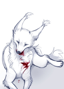 ambiguous_gender blood bodily_fluids ear_tuft eyes_closed feral front_view fur lying on_front simple_background solo tail tuft unsigned white_background white_body white_ears white_fur white_tail wounded santanahoffman canid mammal hi_res sketch