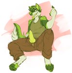 4_toes 5_fingers animal_genitalia animal_penis anthro bottomwear canine_genitalia canine_penis claws clothing erection eyewear eyewear_on_head feet fingers fur genitals gesture goggles goggles_on_head green_body green_eyes green_fur green_hair green_pawpads green_tongue hair inner_ear_fluff knot male open_mouth pants pawpads penis penis_poking_out shirt simple_background sitting solo tail tank_top toes tongue tongue_out topwear tuft unbuttoned_pants white_background hoot_(artist) canid mammal