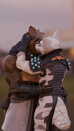 anthro belt black_clothing black_gloves black_handwear clothing duo eye_scar facial_scar gloves handwear hug intimate kissing male male/male scar dazydoe epic_games fortnite hajime_(fortnite) volpez_(fortnite) arctic_fox canid canine fox mammal raccoon_dog tanuki true_fox 3d_(artwork) 9:16 digital_media_(artwork) hi_res