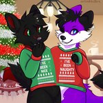 anthro arcadecore black_body black_fur clothing duo fur holidays male male/male purple_body purple_fur sweater text topwear bouncybasil christmas pawalo sarou canid canine canis domestic_dog elkhound mammal spitz wolf 1:1 english_text hi_res