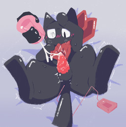 anal anal_penetration anus balls bed black_body black_fur blush blush_lines bodily_fluids bolt_emanata cloud_emanata cum cum_in_sex_toy cum_on_penis cum_string disembodied_hand duo ears_up emanata erection feral fur furniture genital_fluids genitals grey_background hand_on_head highlights_(coloring) holding_object looking_down lying lying_on_bed male male_penetrated mostly_nude motion_lines mouthless narrowed_eyes object_in_ass on_back on_bed penetrable_sex_toy penetration penis pupils red_scarf scarf scarf_only sex_toy sex_toy_in_ass sex_toy_insertion simple_background solo_focus spread_legs spreading sweat sweatdrop tail tapering_penis vibrator vibrator_in_ass y_anus anonymous_artist nichijou anon sakamoto_(nichijou) domestic_cat felid feline felis human mammal 2025 digital_media_(artwork) hi_res lineless redraw shaded simple_shading