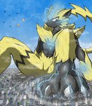 aircraft airplane building city cloud destruction electricity electrogenesis fire jet landscape_dwarfing lightning_whiskers looking_down macro male shockwave sitting sky skyscraper solo vehicle nekojyaras77 nintendo pokemon generation_7_pokemon legendary_pokemon pokemon_(species) zeraora 2021 absurd_res hi_res