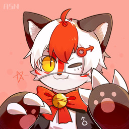anthro black_body black_clothing black_ears black_fur black_topwear black_vest bow_ribbon cheek_tuft chibi claws closed_smile clothed clothing eye_patch eyewear facial_tuft fangs front_view fur gender_symbol glistening glistening_eyes hair looking_at_viewer male male_symbol mouth_closed multicolored_hair pawpads pink_background red_hair simple_background smile solo symbol teeth topwear tuft two_tone_hair vest white_body white_claws white_clothing white_fur white_hair white_inner_ear white_topwear asnnonaka 1:1 bust_portrait icon portrait signature