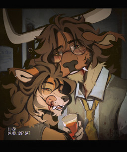 anthro beverage blood blood_from_mouth blood_in_mouth blush bodily_fluids clothed clothing container cup duo eyewear fur glasses logo male orange_body orange_fur party red_eyes text tongue tongue_out topwear vest wearing_glasses mapezart mr._acosta_chiko_(mapezart) timothy_(mapezart) bovid bovine canid canine cattle fox mammal absurd_res artist_logo english_text hi_res