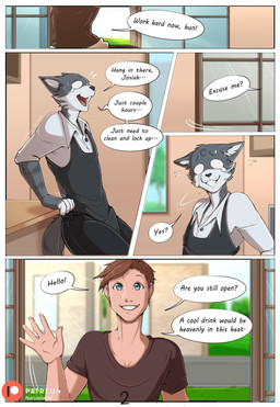 5_fingers anthro biped blue_eyes bodily_fluids bottomwear cafe clothed clothing dialogue eyebrows female female_anthro fingers fully_clothed gesture grass grey_body group iris leaning leaning_backward linked_speech_bubble male male_anthro page_number patreon_logo patreon_username plant pupils red_eyes speech_bubble summer sweat sweatdrop swimsuit_only swimwear talking_to_self text trio waving narusewolf patreon jessica_(narusewolf) josiah_(narusewolf) domestic_cat felid feline felis human hybrid mammal monotreme platypus comic english_text hi_res