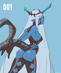 blue_body blue_eyes breasts butt eyebrow_through_hair eyebrows female hair hands_behind_back long_hair long_tail looking_at_viewer looking_back looking_back_at_viewer rear_view side_boob smile solo standing tail translucent translucent_hair two_tone_tail white_hair reptilian_orbit darling_in_the_franxx studio_trigger klaxosaur_princess animal_humanoid humanoid hi_res