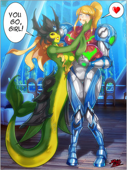 armor border crossover_ship duo female hair interspecies kiss_mark machine ponytail power_armor size_difference split_form white_border theinsanedarkone league_of_legends metroid metroid_dread nintendo riot_games tencent nami_(lol) samus_aran aquatic human humanoid mammal merfolk 3:4 absurd_res crossover hi_res