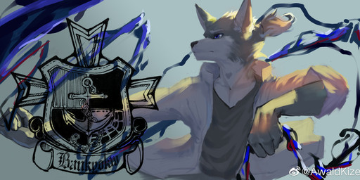 anthro black_nose blue_eyes clothed clothing front_view fur glistening glistening_eyes grey_body grey_clothing grey_fur grey_topwear jacket logo male male_anthro mouth_closed open_clothing open_jacket open_topwear simple_background solo text topwear weibo_logo white_body white_clothing white_fur white_jacket white_topwear awaldkize weibo canid canine mammal artist_logo artist_name half-length_portrait hi_res portrait