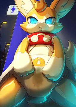ambiguous_gender anthro biped blue_eyes bodily_fluids clothed clothing costume detailed_background diaper genital_fluids glistening implied_chastity lock_symbol omorashi unclean_diaper urine used_diaper wet_diaper wetting 996_9696 cygames world_flipper light_(world_flipper) canid canine fox mammal 2025 digital_media_(artwork) hi_res