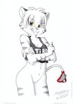 anthro bottomless breasts clothed clothing female genitals licking licking_lips licking_own_lips no_underwear pose pussy self_lick shirt smile solo tank_top tongue tongue_out toony topwear tirashanks_(artist) tira felid mammal pantherine prehistoric_species saber-toothed_tiger tiger pinup