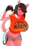 anthro arm_by_side bent_arm big_breasts black_hair blue_eyes bottomwear breasts chain clothed clothing controller ear_piercing female game_controller grin hair hair_over_eye holding_controller holding_game_controller holding_object huge_breasts leaning leaning_forward legs_together looking_at_viewer midriff one_eye_obstructed open_bottomwear open_clothing open_pants pants piercing raised_arm raised_hand red_cheeks shirt short_hair short_tail shorts simple_background smile solo standing straight_arm t-shirt tail text text_on_clothing text_on_shirt text_on_topwear topwear xbox_controller xbox_wireless_controller theycallhimcake microsoft xbox xbox_game_studios xbox_one maggie_applebee canid canine canis domestic_dog mammal 2018