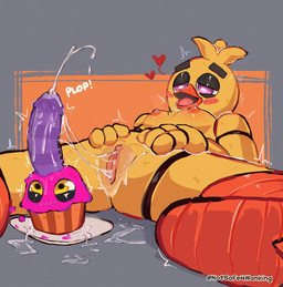 after_sex anthro blush bodily_fluids breasts cum cum_inside cum_string dripping duo ejaculation erection female fingers food genital_fluids genitals heart_symbol leaking_cum lying machine messy nipples on_back orgasm penis pull_out purple_eyes purple_penis shaking spread_legs spreading striped_genitalia striped_penis stripes vaginal_fluids vulva wet yellow_body notsafeforwanking five_nights_at_freddy's scottgames chica_(fnaf) classic_chica_(fnaf) cupcake_(fnaf) animatronic avian bird chicken food_creature galliform phasianid robot 2026 digital_media_(artwork) hi_res