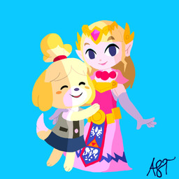 3_fingers 3_toes 5_fingers anthro biped black_nose blonde_hair blue_background blush blush_stickers clothed clothing dipstick_tail dress duo feet female fingers hair hug humanoid_pointy_ears markings open_mouth pink_clothing pink_dress pointy_ears simple_background size_difference standing tail tail_markings text toes white_tail_tip yellow_tail fulgito_ast animal_crossing nintendo the_legend_of_zelda isabelle_(animal_crossing) princess_zelda canid canine humanoid mammal 1:1 2025 artist_name hi_res