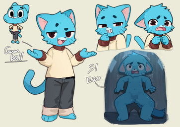 4_fingers anthro biped blue_body blue_fur bodily_fluids bottomwear clothed clothing crying eyebrows fingers fur kemono male nude open_mouth open_smile pants shota smile solo tail tears young young_anthro young_male kuromu cartoon_network the_amazing_world_of_gumball gumball_watterson domestic_cat felid feline felis mammal censored hi_res mosaic_censorship