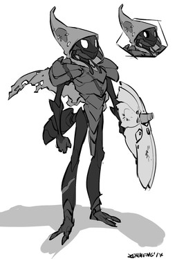 armor arthropod_abdomen black_body black_exoskeleton black_eyes cape clothing empty_eyes exoskeleton grey_body grey_exoskeleton hood mandibles pupils shield simple_background solo white_background white_eyes white_pupils zummeng hollow_knight_(franchise) team_cherry tiso_(hollow_knight) ant arthropod hymenopteran insect 2017 hi_res monochrome