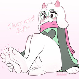 3_toes anthro barefoot blush bottomless clothed clothing eyebrows eyewear featureless_crotch feet femboy fingers foot_focus foot_grab fur glasses hindpaw horn humanoid_feet male paws plantigrade scarf soles solo text toes white_body white_fur sharkysocks deltarune undertale_(series) ralsei bovid caprine darkner goat mammal 1:1 2022 digital_media_(artwork) english_text hi_res