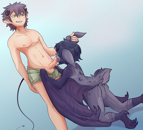 anthro balls blush blush_lines bodily_fluids butt clothed clothing clothing_pull duo ear_grab ear_piercing ear_pull eyebrows fellatio female fur genitals green_eyes hair horn humanoid_on_anthro male male/female oral partially_clothed penile penis piercing pointy_ears purple_body purple_fur purple_hair questionable_consent sex spade_tail sweat tail underwear underwear_pull uluri sin_(uluri) bat demon demon_humanoid horned_humanoid humanoid mammal