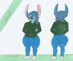 anthro big_butt blue_body blue_bottomwear blue_clothing blue_fur blue_hair blue_jeans blue_nose blue_pants bottomwear butt clothing denim denim_bottomwear denim_clothing femboy fur green_clothing green_eyes green_hoodie green_topwear hair hoodie jeans long_ears male pants simple_background solo thick_thighs topwear white_background wide_hips lovemet123_(lovemet_room) disney lilo_and_stitch stitch_(lilo_and_stitch) alien experiment_(lilo_and_stitch) hi_res model_sheet