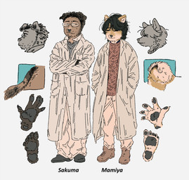 anthro black_hair boots bottomwear brown_body brown_fur brown_hair clothed clothing coat crossed_arms duo eyewear facial_hair footwear fur glasses hair male open_clothing open_coat open_topwear pants pawpads shoes sweater tail topwear sori0414 cure_(movie) mamiya_(cure) sakuma_(cure) canid canine canis domestic_dog mammal shiba_inu spitz hi_res model_sheet