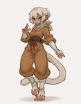 anthro barefoot belt big_ears bow_ribbon circle_eyebrows clothing eyebrows feet female fur hair looking_at_viewer ninja on_one_leg pose prehensile_feet pupils red_eyes scarf short_hair solo standing tail toes warrior white_body white_fur white_pupils yellow_clothing tateoftot haplorhine japanese_macaque macaque mammal monkey old_world_monkey primate hi_res
