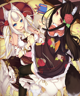 accessory asian_clothing blonde_hair blue_eyes brown_eyes brown_hair clothing duo east_asian_clothing fangs female flower flower_in_hair gift hair hair_accessory hand_holding japanese_clothing kimono legwear long_hair looking_at_viewer lying on_back on_top open_mouth pigtails pillow plant straddling teeth thigh_highs shirohina animal_humanoid human humanoid mammal 5:6 absurd_res hi_res