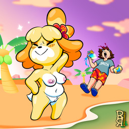 accessory anthro areola beach belly beverage blood blush blush_lines blush_stickers bodily_fluids bottomwear breasts clothing coconut_tree countershade_torso countershading erection erection_under_clothing exposure_variation facial_markings featureless_feet feet female flip_flops flower flower_in_hair footwear fruit_tree genitals hair hair_accessory hand_behind_head happy head_markings male male/female markings muzzle_(marking) navel nipples nosebleed nude nude_anthro nude_female outside palm_tree pink_areola pink_nipples plant pose purple_sky sandals sea self_insert shirt shoes short_hair shorts sky slightly_chubby smile sunset tail tenting topwear tree vacation_juice vulva water white_body white_countershading yellow_body raunchyriot animal_crossing nintendo isabelle_(animal_crossing) canid canine canis domestic_dog human humanoid mammal shih_tzu toy_dog 1:1 2026 hi_res