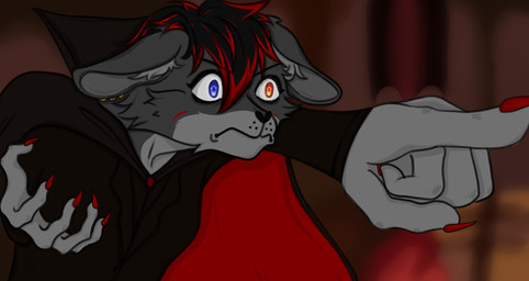 alrxiin. anthro black_hair cape claws clothing ear_piercing eyebrow_piercing eyeliner facial_piercing facial_tuft femboy feminine frock_coat fur gesture gold_piercing grey_body grey_fur hair hand_gesture heterochromia inner_ear_fluff makeup male multicolored_body multicolored_fur multicolored_hair piercing pointing red_body red_cape red_claws red_clothing red_fur red_hair solo tuft hotel_transylvania dan_(femboy_dan) lagomorph leporid mammal rabbit absurd_res hi_res