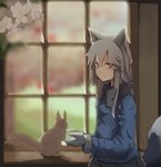 ambiguous_gender breasts clothing container cup duo female feral gloves hair handwear humanoid_focus inside jacket silver_hair smile standing tea_cup topwear window r_dancer kemono_friends silver_fox_(kemono_friends) animal_humanoid canid canid_humanoid canine canine_humanoid fox_humanoid humanoid mammal mammal_humanoid rodent sciurid 2017 hi_res