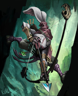 action_pose ambiguous_gender anthro arrow_(weapon) bottomwear bow_(weapon) clothing eye_patch eyewear facial_scar fur holding_bow_(weapon) holding_object holding_ranged_weapon holding_weapon pants pose quiver_(object) ranged_weapon scar solo weapon white_body white_fur bleats hex:_shards_of_fate lagomorph leporid mammal rabbit 2015 absurd_res digital_media_(artwork) hi_res official_art