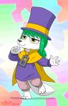 abstract_background anthro barefoot biped black_nose claws clothed clothing cosplay feet fur green_hair hair hat headgear headwear solo top_hat white_body white_fur yellow_eyes drjavi a_hat_in_time hat_kid starlight_frost canid canine fox mammal 2019