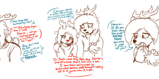 accessory anthro antlers bell bell_accessory black_nose blue_text bodily_fluids broken_heart clothed clothed_anthro clothed_female clothing color_coded color_coded_speech_bubble color_coded_text comforting comforting_another dialogue duo ears_down eye_through_hair eyebrows female female_anthro fingers freckled_face freckles hair hair_accessory hair_bell horn iris jingle_bell long_hair partial_speech_bubble pivoted_ears ponytail pupils red_nose red_text sad snout speech_bubble speech_marker sweater talking_to_another teal_text tears teary_eyes text topwear translucent translucent_hair the-minuscule-task reyn_(nukepone) rue_(the-minuscule-task) cervine deer mammal new_world_deer reindeer 2020 absurd_res english_text hi_res spot_color