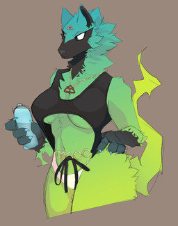 big_breasts black_body black_fur bottle breasts claws clothing container featureless_breasts female fluffy fluffy_tail fur gloves_(marking) green_body green_fur green_hair hair hand_on_hip jewelry leg_markings markings necklace one-piece_swimsuit ring socks_(marking) solo swimwear tail under_boob water_bottle coffaebeans arc_system_works guilty_gear rei_(guilty_gear) canid canine canis ghost mammal spirit wolf absurd_res hi_res