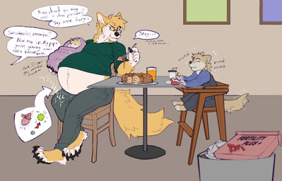 anthro belly belly_expansion big_belly black_eyewear black_glasses clothed clothed_anthro clothed_male clothing deception duo eating eating_food expansion eyewear fertility_pills food fully_clothed fully_clothed_anthro fully_clothed_male fur glasses holding_baby male male_anthro navel neonate offscreen_character onomatopoeia ovaries ovary_growth pancake pregnant pregnant_anthro pregnant_male rectangular_glasses sound_effects tan_body tan_fur text young the-narutoshi server_dingo canid canine canis dingo hybrid mammal absurd_res hi_res