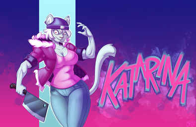 1980s_theme albino anthro beanie blue_body blue_fur bottomwear breasts butcher_knife cleavage cleaver_(weapon) clothed clothing coat denim denim_bottomwear denim_clothing eyelashes fangs female fur gradient_background hair hat headgear headwear insane jacket jeans knife melee_weapon pants pink_background purple_background red_eyes simple_background solo synthwave teeth text topwear weapon white_body white_fur white_hair naughtyjester hotline_miami felid lion mammal pantherine 2015