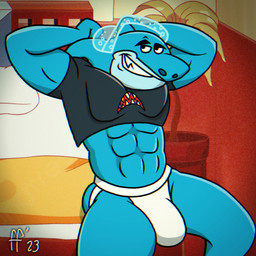 abs anthro biceps black_clothing black_shirt black_topwear blue_body bulge clothed clothed_anthro clothed_male clothing electronics headphones jockstrap male shirt smile solo teeth topwear underwear white_clothing white_jockstrap white_underwear fabfelipe cartoon_network my_gym_partner's_a_monkey bull_sharkowski fish marine shark 2023 digital_drawing_(artwork) digital_media_(artwork) hi_res