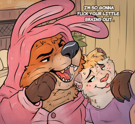 anthro bedroom blue_eyes blush bodily_fluids bunny_costume claws clothing costume dialogue duo freckled_face freckles fur gold_(metal) gold_tooth inside male male/male open_mouth orange_body orange_fur plant profanity saliva teeth text tongue tuft baileyx rabbitseason_(amadose) canid canine domestic_cat felid feline felis fox mammal english_text hi_res