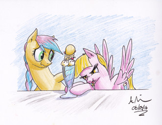 cherry cutie_mark dessert duo feathered_wings feathers female feral food fruit hooves ice_cream mane pink_body plant wings yellow_body yellow_eyes doesnotexist hasbro my_little_pony mythology candy_floss sweet_treat_(gyro) earth_pony equid equine horse mammal mythological_creature mythological_equine pegasus pony hi_res traditional_media_(artwork)