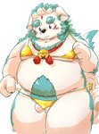 anthro balls belly big_belly blush bulge clothing genitals kemono male moobs overweight overweight_male simple_background solo swimwear white_background young yukino_kouta asian_mythology east_asian_mythology japanese_mythology lifewonders mythology tokyo_afterschool_summoners agyo_(tas) foo_dog komainu mammal yokai 2025 hi_res