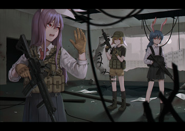 assault_rifle baseball_cap blonde_hair blue_hair bottomwear bulletproof_vest clothing dango_(food) female food gloves group gun hair handwear hat headgear headwear long_hair necktie pleated_skirt purple_hair ranged_weapon red_eyes red_necktie rifle ruins shirt short_hair shorts skirt topwear trigger_discipline trio weapon white_clothing white_shirt white_topwear reiji-rj touhou reisen_udongein_inaba ringo_(touhou) seiran animal_humanoid humanoid lagomorph lagomorph_humanoid leporid_humanoid mammal mammal_humanoid rabbit_humanoid hi_res letterbox