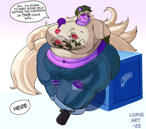 ambiguous_gender anthro belly bottomwear breasts butt clothing cookie denim denim_bottomwear denim_clothing ear_piercing female food fur gesture hand_gesture jeans obese overweight overweight_female pants piercing pointing prehensile_hair purple_body purple_fur red_eyes sassy solo stylish tight_clothing lumieart oreo_cookie canid canine canis mammal tundra_wolf wolf absurd_res hi_res