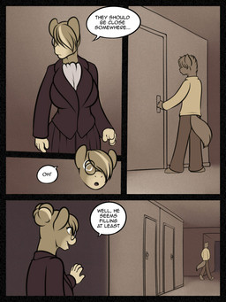 5_fingers anthro big_breasts black_border border breasts clothed clothing corridor dialogue door duo eyewear female fingers fluffy fluffy_tail glasses hair hair_bun hair_over_eye inside male one_eye_obstructed school speech_bubble standing tail text freckles_(artist) laurel_(freckles) canid canine canis domestic_dog equid equine horse mammal 2016 3:4 brown_theme comic digital_media_(artwork) english_text monochrome