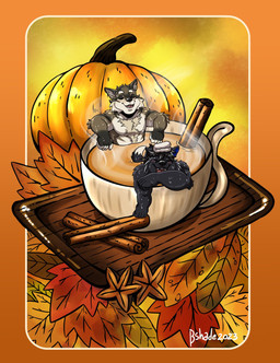 anthro black_body black_fur blue_ears brown_body brown_fur cinnamon_(spice) cinnamon_stick container cup duo food fruit fur leaf male male/male micro mug plant pumpkin steam shade_the_wolf cross_(crossxwolf) leon_(gh53890) canid canine canis hybrid mammal wolf wolfdog hi_res