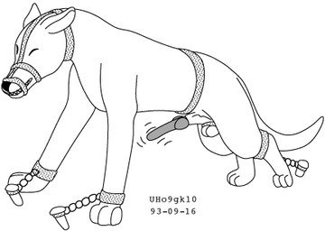 animal_genitalia animal_penis balls bound canine_genitalia canine_penis erection eyes_closed feral genitals knot knotted_penis male muzzle_(object) penis sharp_teeth simple_background solo standing struggling tail teeth white_background urbanhermit canid canine mammal 1993 black_and_white dated greyscale low_res monochrome