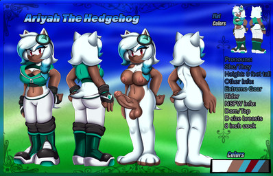 anthro balls big_penis boots breasts cleavage clothed clothing crop_top eyewear eyewear_on_head female footwear foreskin genitals gloves goggles goggles_on_head gynomorph handwear intersex penis shirt shoes text topwear vein veiny_penis pridark sega sonic_the_hedgehog_(series) ariyah_the_hedgehog eulipotyphlan hedgehog mammal absurd_res english_text hi_res model_sheet