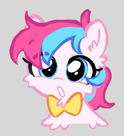 ambiguous_form ambiguous_gender blue_eyes blue_hair bow_tie eyelashes front_view fur grey_background hair multicolored_hair open_mouth pink_body pink_fur pink_hair simple_background solo surprised two_tone_hair yellow_bow_tie young young_ambiguous sheep-kinta fluffy_pony fluffy_pony_(species) mammal 2020 bust_portrait digital_media_(artwork) flat_colors portrait