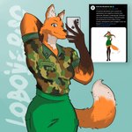 1:1 anthro army army_uniform biped brazil brazilian brazilian_flag canid canine clothed clothing female gesture hi_res loboverso looking_at_viewer mammal maned_wolf miranda_(naythf) multicolored_body portuguese_text solo text translated two_tone_body