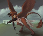 anthro beak biped bottomless claws clothed clothing cloud feathered_wings feathers female green_eyes jewelry outside skimpy sky solo standing tail tail_tuft tongue tuft wings mabyn mythology sparra avian gryphon mythological_avian mythological_creature 2010